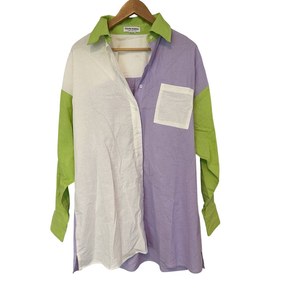 Charlie Holiday Colorblock Linen Cotton Button Up Shirt Dress Small Lavender